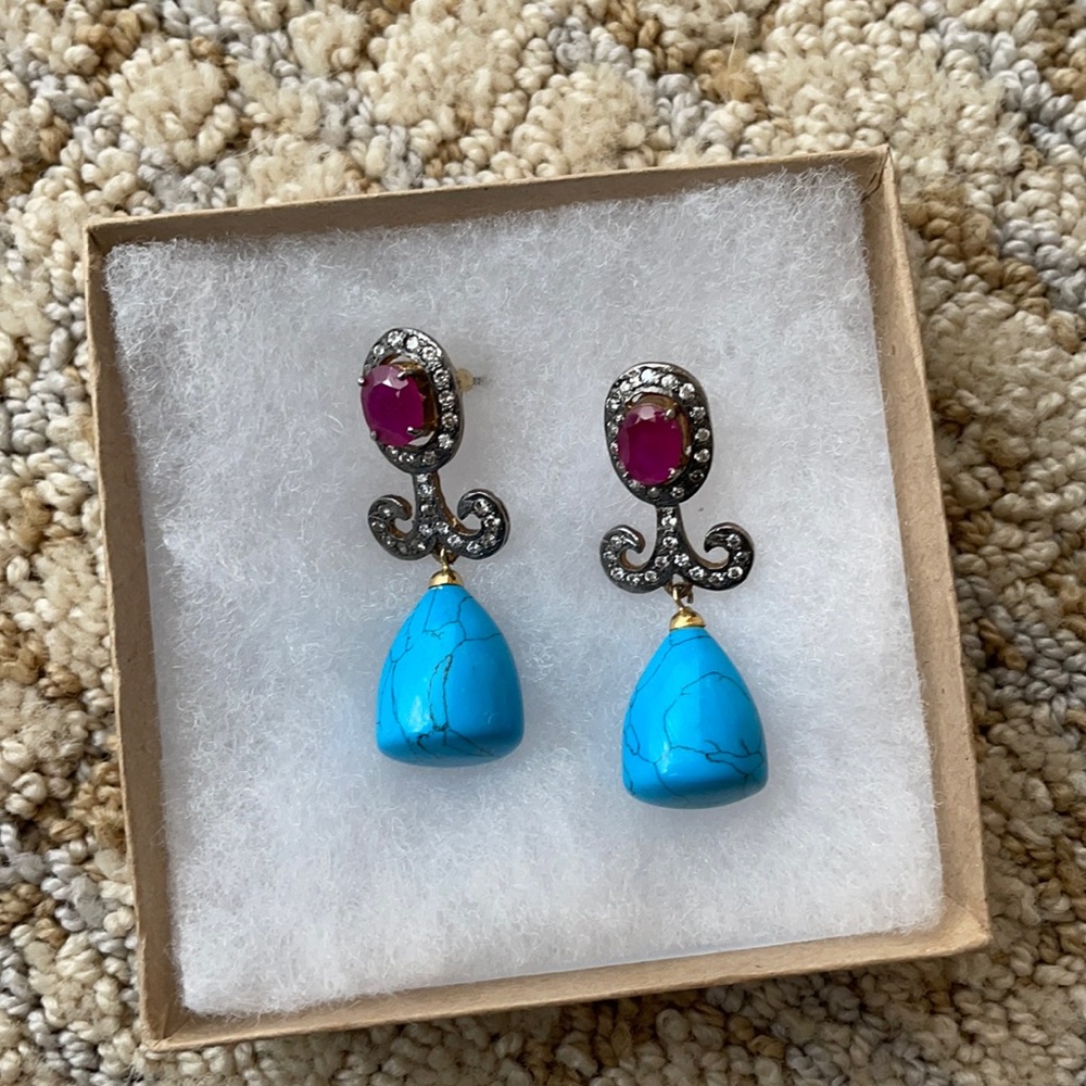 Gunmetal, Gold and Turquoise Statement Earrings